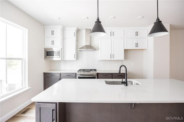 kitchen featuring a sink, stainless steel appliances, tasteful backsplash, wall chimney exhaust hood, and visible vents