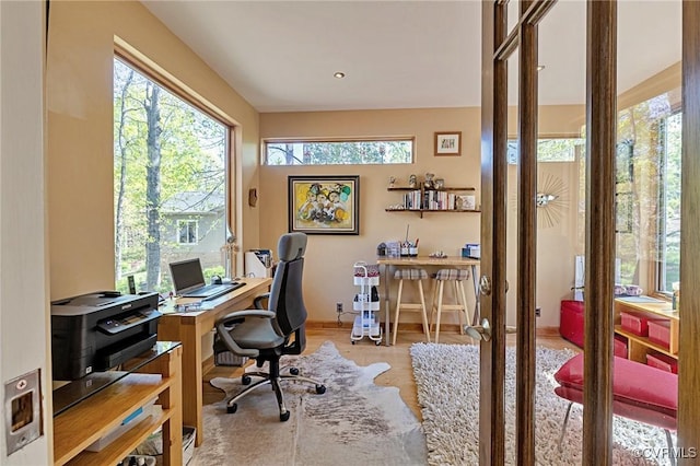 office area with baseboards, plenty of natural light, and wood finished floors