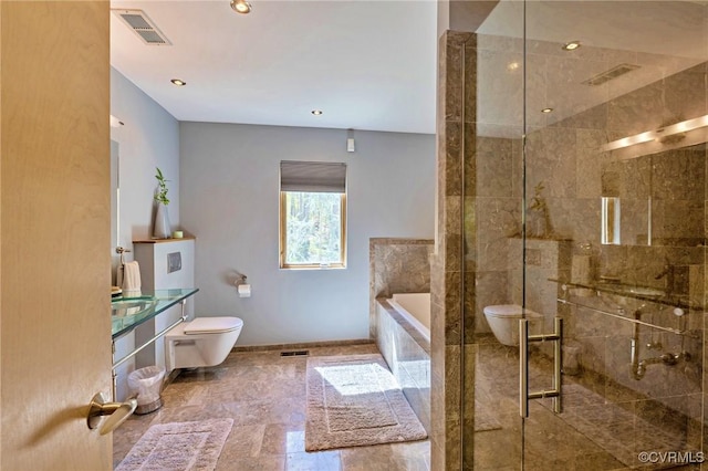 full bathroom featuring a stall shower, toilet, and visible vents