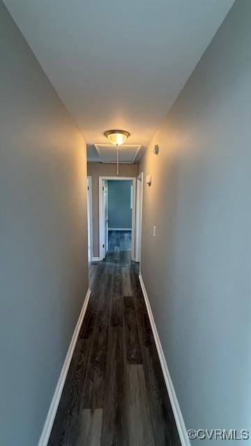 hallway featuring attic access, dark wood-type flooring, and baseboards