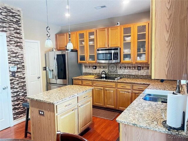 502 Peafowl Ct, Suffolk, VA 23435 - kitchen with appliances with stainless steel finishes, dark wood-type flooring, decorative backsplash, a sink, and light stone countertops