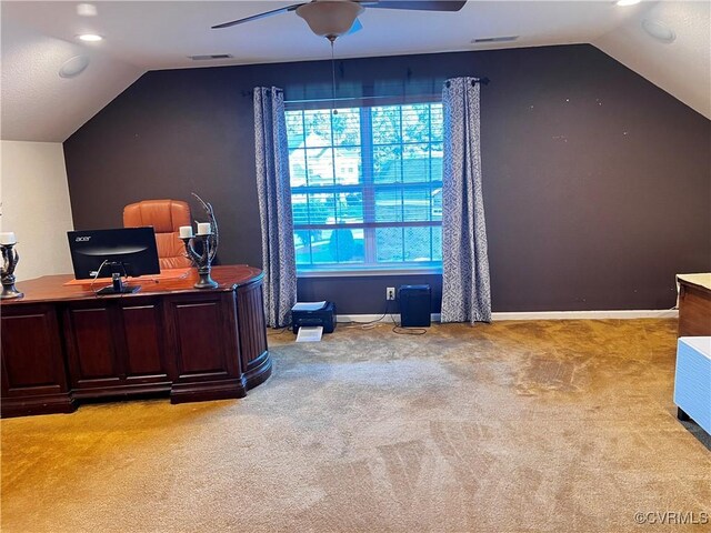 502 Peafowl Ct, Suffolk, VA 23435 - office with ceiling fan, vaulted ceiling, and light carpet