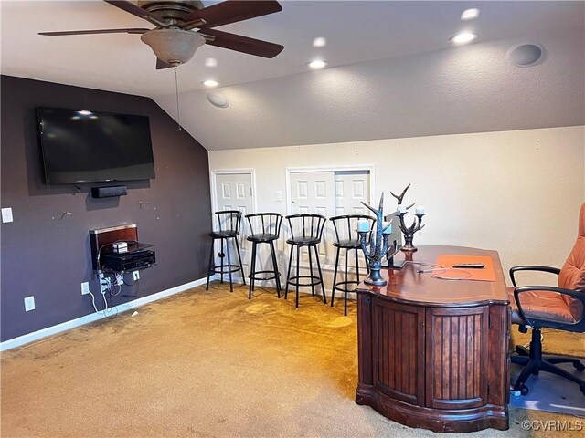 502 Peafowl Ct, Suffolk, VA 23435 - office area with a ceiling fan, light carpet, vaulted ceiling, and baseboards