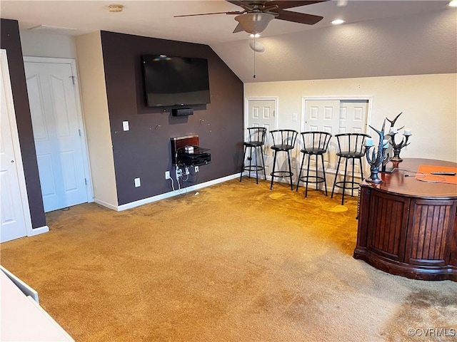 502 Peafowl Ct, Suffolk, VA 23435 - bar with a ceiling fan, carpet, vaulted ceiling, and baseboards