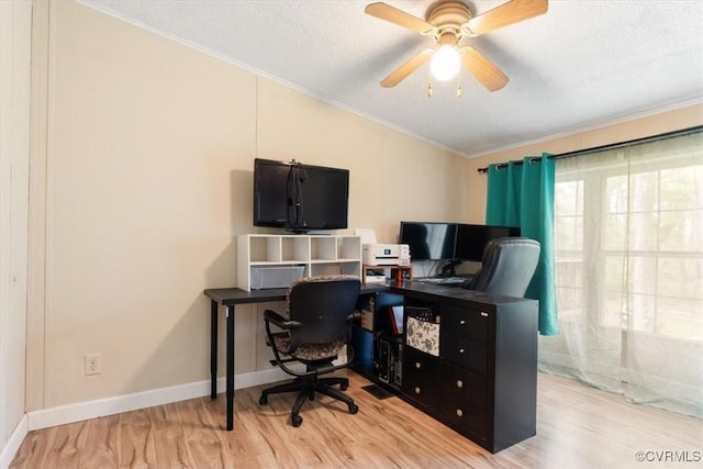 10340 Swift Rd, Partlow, VA 22534 - office area featuring ornamental molding, lofted ceiling, wood finished floors, a textured ceiling, and a ceiling fan