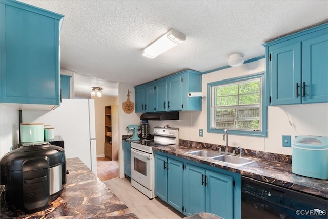 10340 Swift Rd, Partlow, VA 22534 - kitchen with white appliances, a sink, blue cabinetry, dark countertops, and a textured ceiling