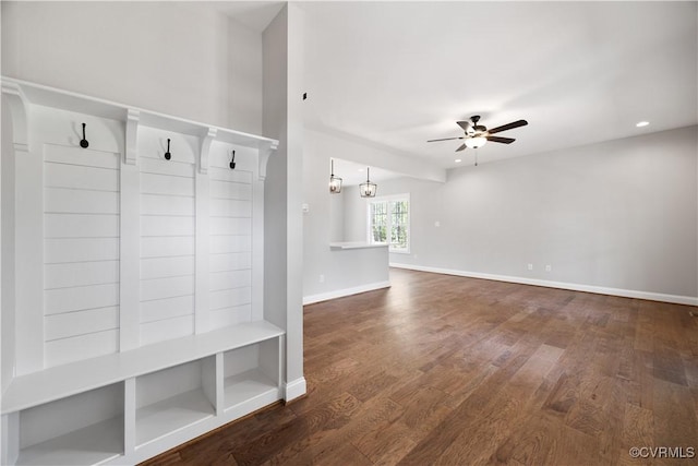 mudroom featuring baseboards, a ceiling fan, recessed lighting, and dark wood finished floors