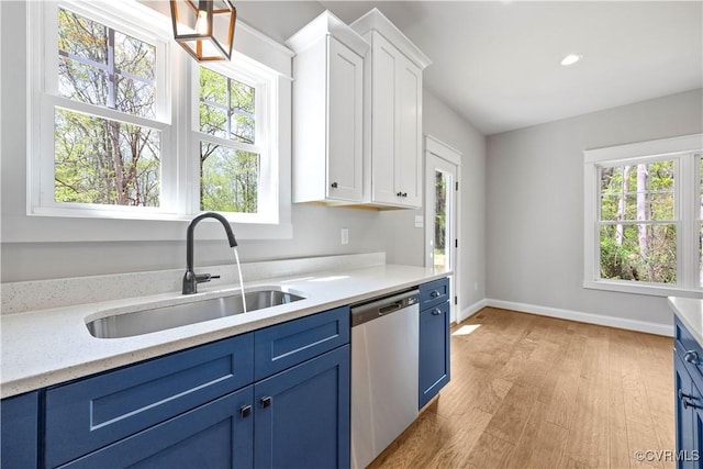 kitchen with a sink, stainless steel dishwasher, blue cabinetry, and a healthy amount of sunlight