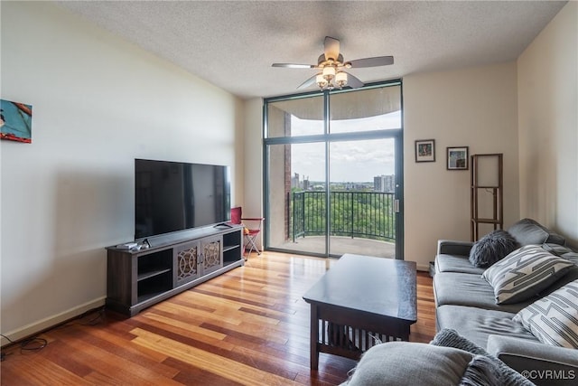 1101 Haxall Pt Unit U810, Richmond, VA 23219 - living area featuring expansive windows, a textured ceiling, a ceiling fan, and wood finished floors