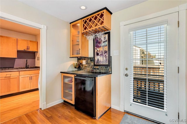 interior space with baseboards, tasteful backsplash, a sink, and light wood finished floors