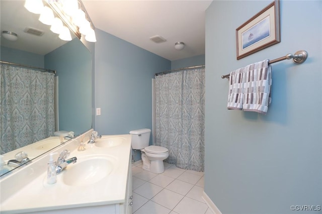 bathroom featuring tile patterned flooring, a sink, double vanity, and toilet
