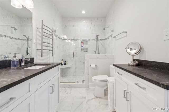 2611 Kensington Ave, Richmond, VA 23220 - full bath with radiator, marble finish floor, toilet, vanity, and a stall shower