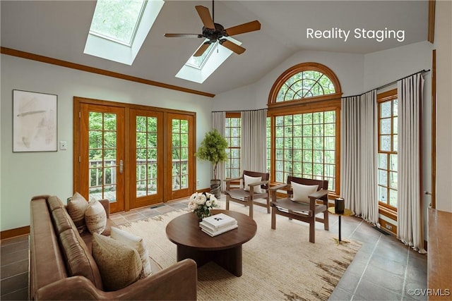 328 Perrow Ln, Manakin Sabot, VA 23103 - sitting room featuring ceiling fan, tile patterned floors, and lofted ceiling with skylight