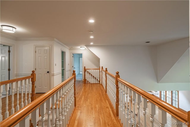 328 Perrow Ln, Manakin Sabot, VA 23103 - corridor featuring recessed lighting, light wood finished floors, crown molding, and an upstairs landing