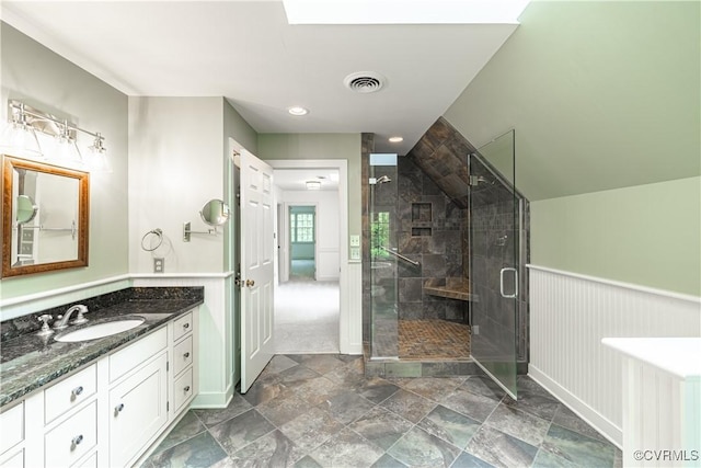 328 Perrow Ln, Manakin Sabot, VA 23103 - full bath with visible vents, vanity, baseboards, stone finish floor, and a stall shower
