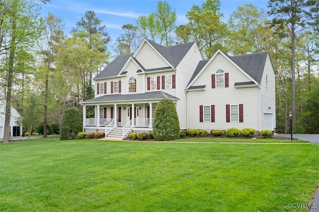 12419 Trumpington Ct, Chesterfield, VA 23838 - colonial-style house with a porch, roof with shingles, a front lawn, and driveway