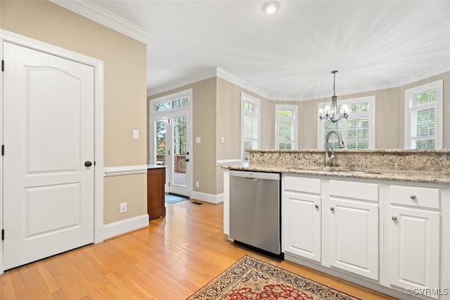 12419 Trumpington Ct, Chesterfield, VA 23838 - kitchen with a sink, stainless steel dishwasher, white cabinetry, and light wood finished floors