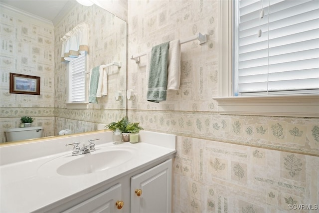 12419 Trumpington Ct, Chesterfield, VA 23838 - bathroom featuring toilet, ornamental molding, vanity, and wallpapered walls