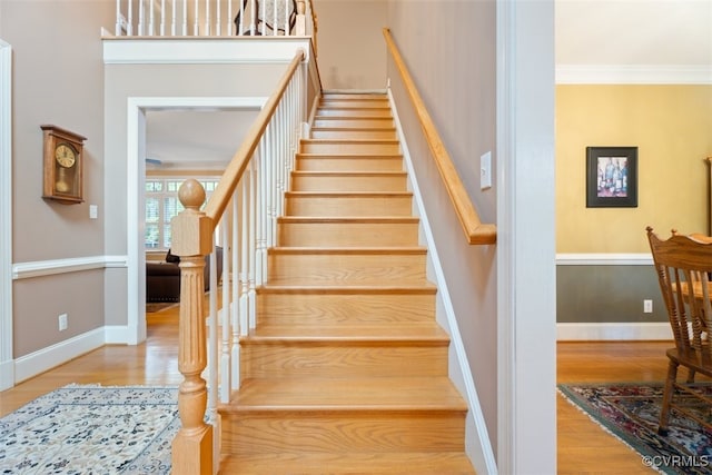 12419 Trumpington Ct, Chesterfield, VA 23838 - stairs featuring crown molding, wood finished floors, and baseboards