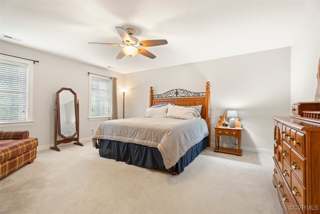 12419 Trumpington Ct, Chesterfield, VA 23838 - bedroom with light colored carpet, baseboards, a ceiling fan, and visible vents