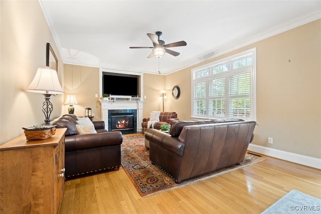 12419 Trumpington Ct, Chesterfield, VA 23838 - living room with crown molding, light wood finished floors, ceiling fan, and a fireplace with flush hearth
