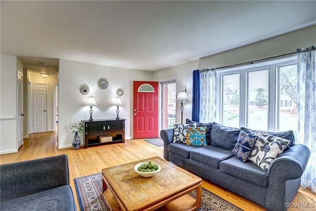 living room with baseboards and wood finished floors