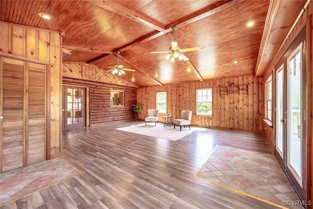 6631 Rural Point Rd, Mechanicsville, VA 23116 - unfurnished room with wooden ceiling, wood finished floors, wood walls, and ceiling fan