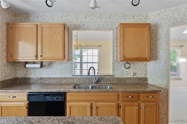 14530 Hancock Ridge Ct, Chesterfield, VA 23832 - kitchen featuring dishwasher, wallpapered walls, a sink, and light stone counters