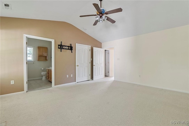 14530 Hancock Ridge Ct, Chesterfield, VA 23832 - unfurnished bedroom with lofted ceiling, baseboards, light colored carpet, ensuite bathroom, and ceiling fan