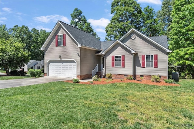 14530 Hancock Ridge Ct, Chesterfield, VA 23832 - view of front facade featuring central air condition unit, concrete driveway, crawl space, an attached garage, and a front yard