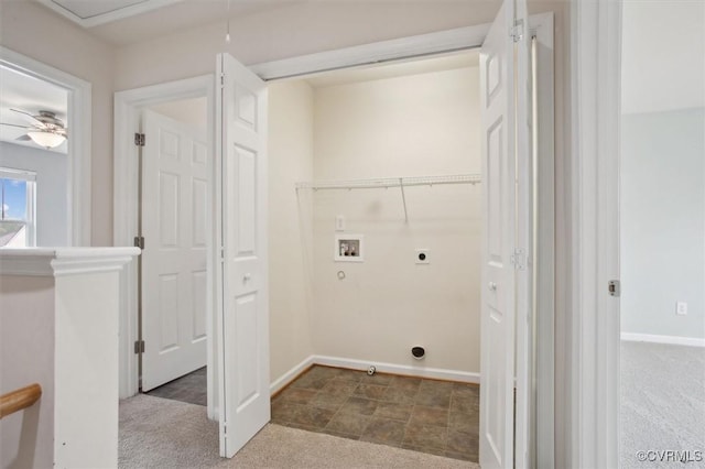 washroom with laundry area, hookup for an electric dryer, hookup for a washing machine, baseboards, and carpet flooring