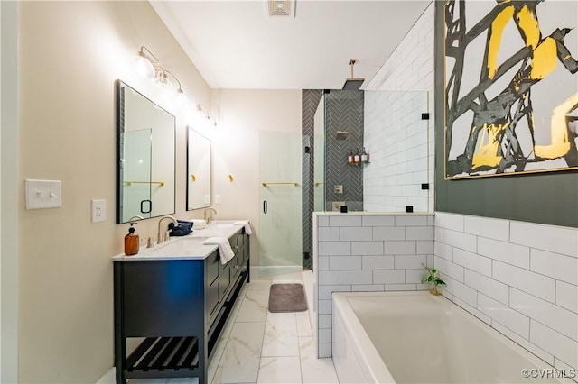 300 W 25th St, Richmond, VA 23225 - full bath with marble finish floor, double vanity, visible vents, a garden tub, and a stall shower