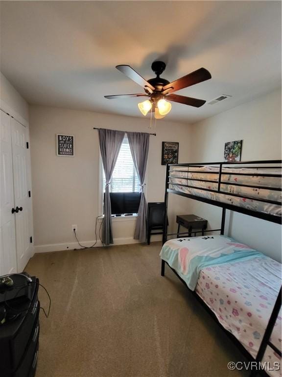 640 Coniston Manor Dr, Gordonsville, VA 22942 - bedroom with visible vents, baseboards, carpet, a closet, and ceiling fan
