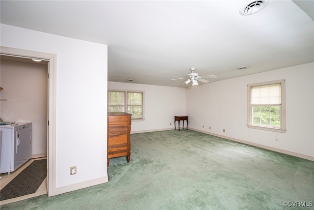 3112 Brookemoor Ct, Glen Allen, VA 23060 - unfurnished living room featuring washer and dryer, visible vents, baseboards, a ceiling fan, and carpet floors