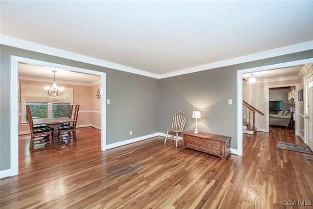 3112 Brookemoor Ct, Glen Allen, VA 23060 - living area with a notable chandelier, stairs, wood finished floors, baseboards, and ornamental molding