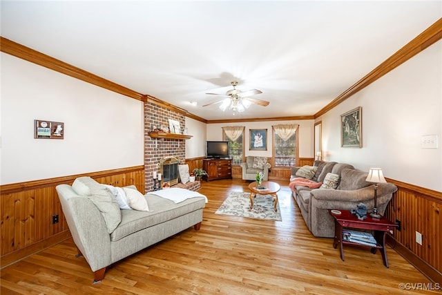 3112 Brookemoor Ct, Glen Allen, VA 23060 - living room with ceiling fan, wood walls, a wainscoted wall, and light wood-style floors
