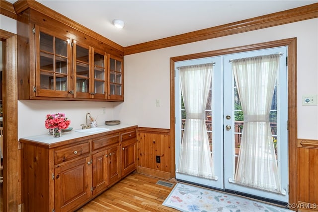 3112 Brookemoor Ct, Glen Allen, VA 23060 - doorway featuring a sink, wainscoting, french doors, light wood-style flooring, and visible vents