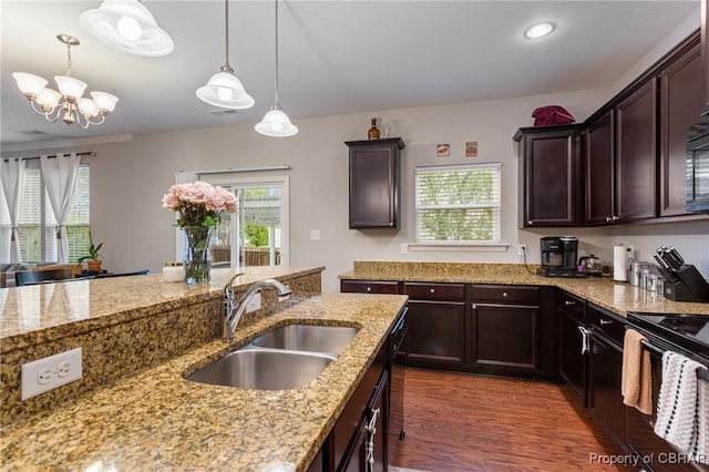kitchen featuring a healthy amount of sunlight, wood finished floors, and a sink