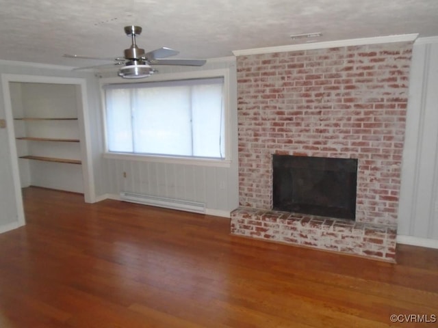 unfurnished living room with baseboard heating, baseboards, a ceiling fan, and wood finished floors