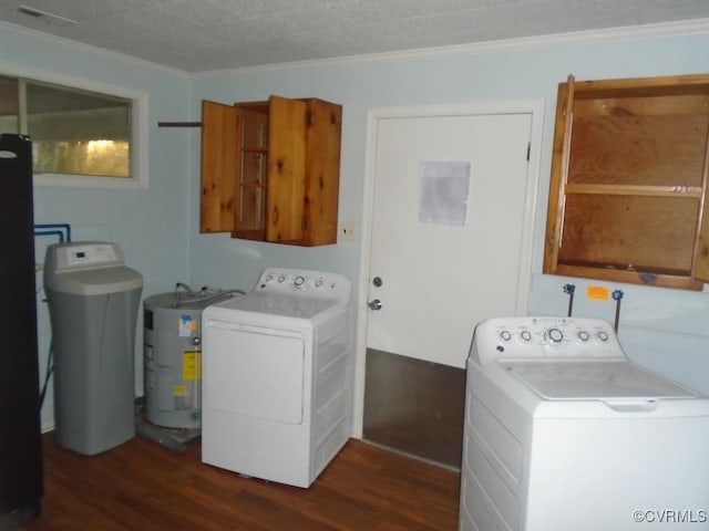 laundry area with washer and dryer, ornamental molding, wood finished floors, and gas water heater