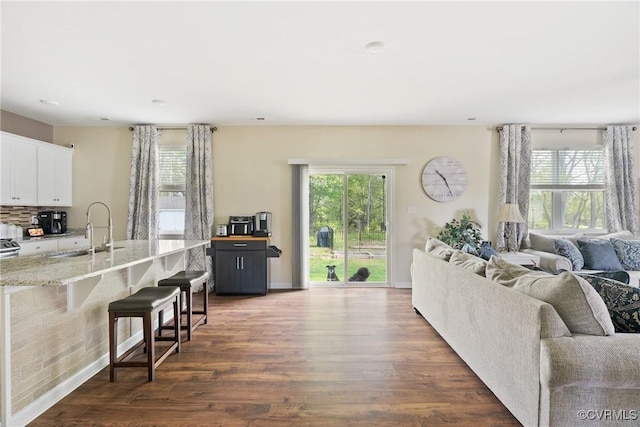 living room featuring dark wood finished floors, healthy amount of natural light, and baseboards