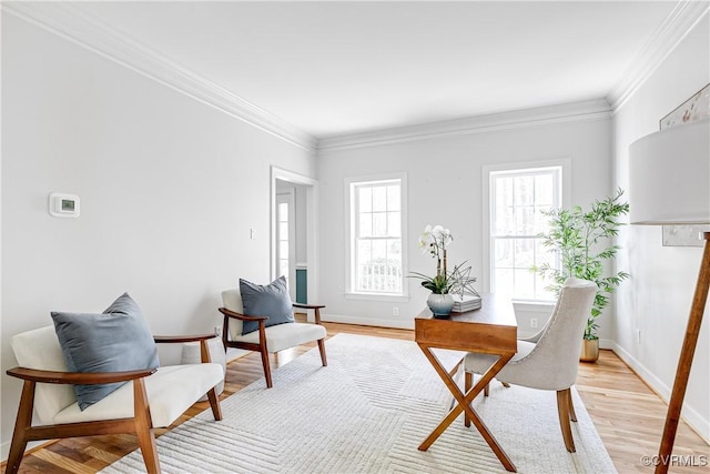 office with light wood-style floors, crown molding, and baseboards