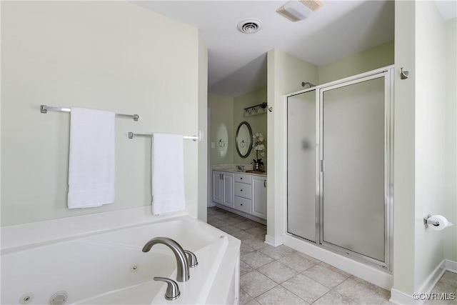 full bath with vanity, visible vents, a jetted tub, and a shower stall