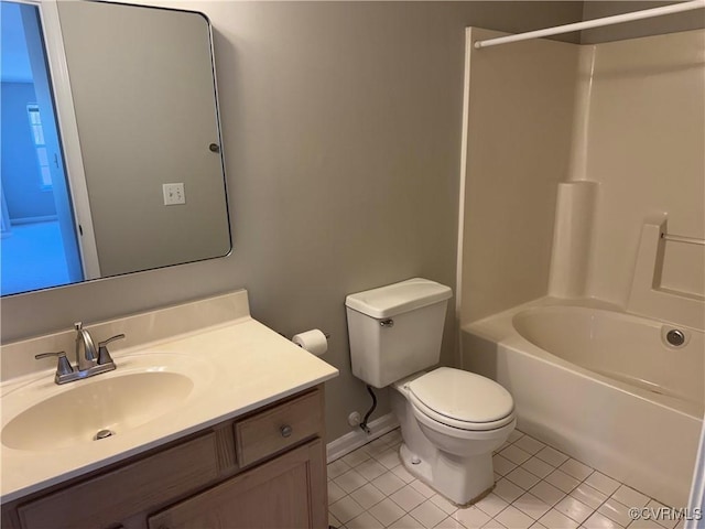 bathroom featuring tile patterned floors, shower / bathing tub combination, vanity, baseboards, and toilet