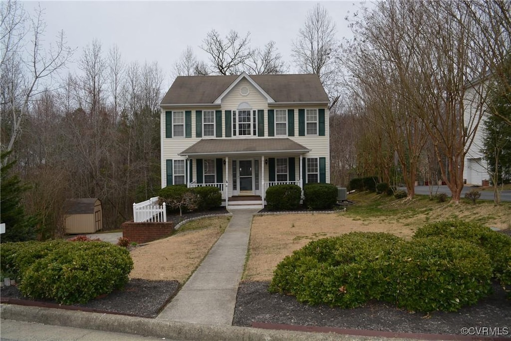 3012 Nottington Ct, Chester, VA 23831 - colonial home featuring a storage shed, an outbuilding, and a porch