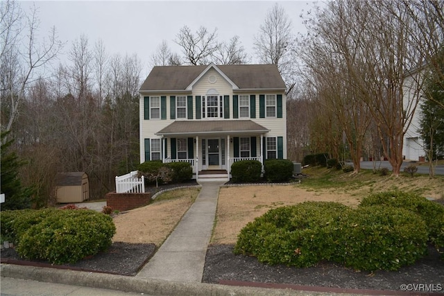3012 Nottington Ct, Chester, VA 23831 - colonial home featuring a storage shed, an outbuilding, and a porch