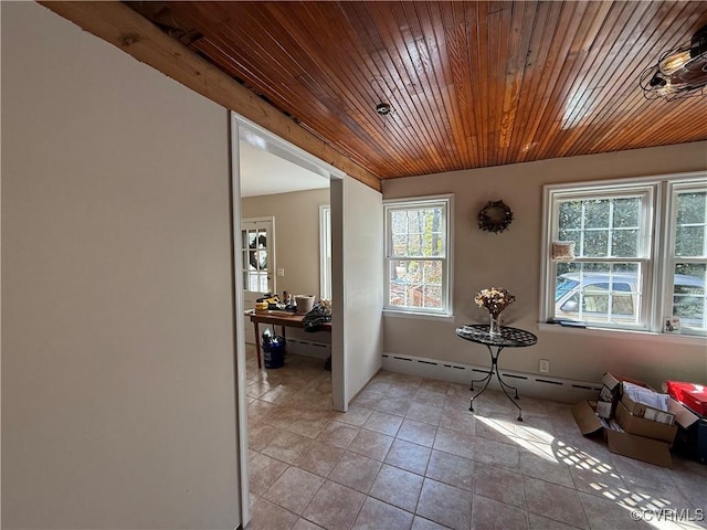 interior space with light tile patterned flooring and wooden ceiling