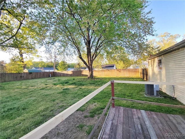 view of yard with a wooden deck, a fenced backyard, and cooling unit