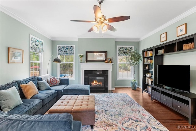 living area with crown molding, a glass covered fireplace, ceiling fan, baseboards, and dark wood-style flooring