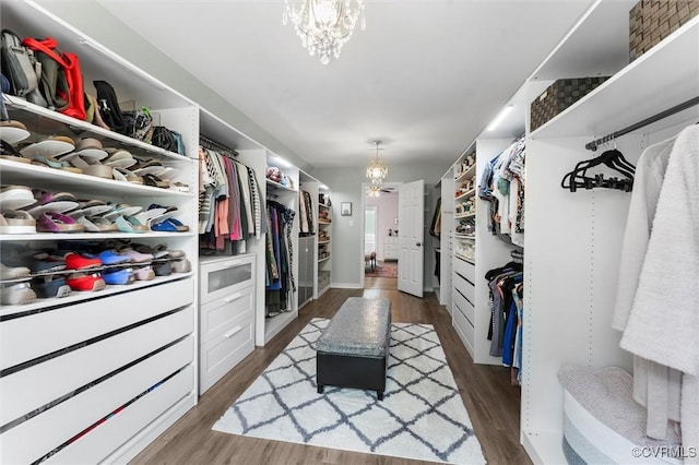 spacious closet with wood finished floors and a notable chandelier